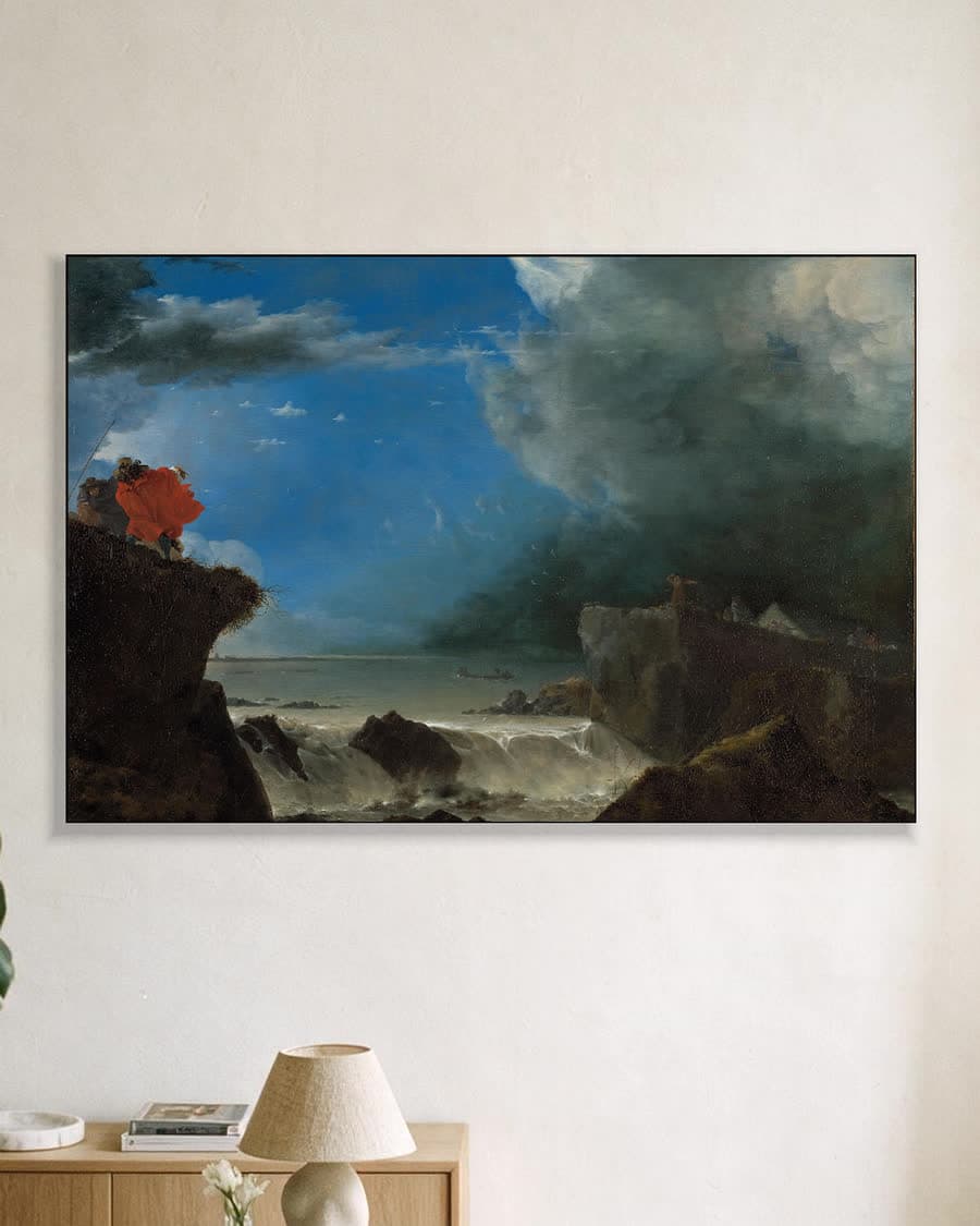 Dijkdoorbraak gezien vanaf de Amsterdamse Sint-Anthonisdijk in een aluminium frame aan dezelfde muur