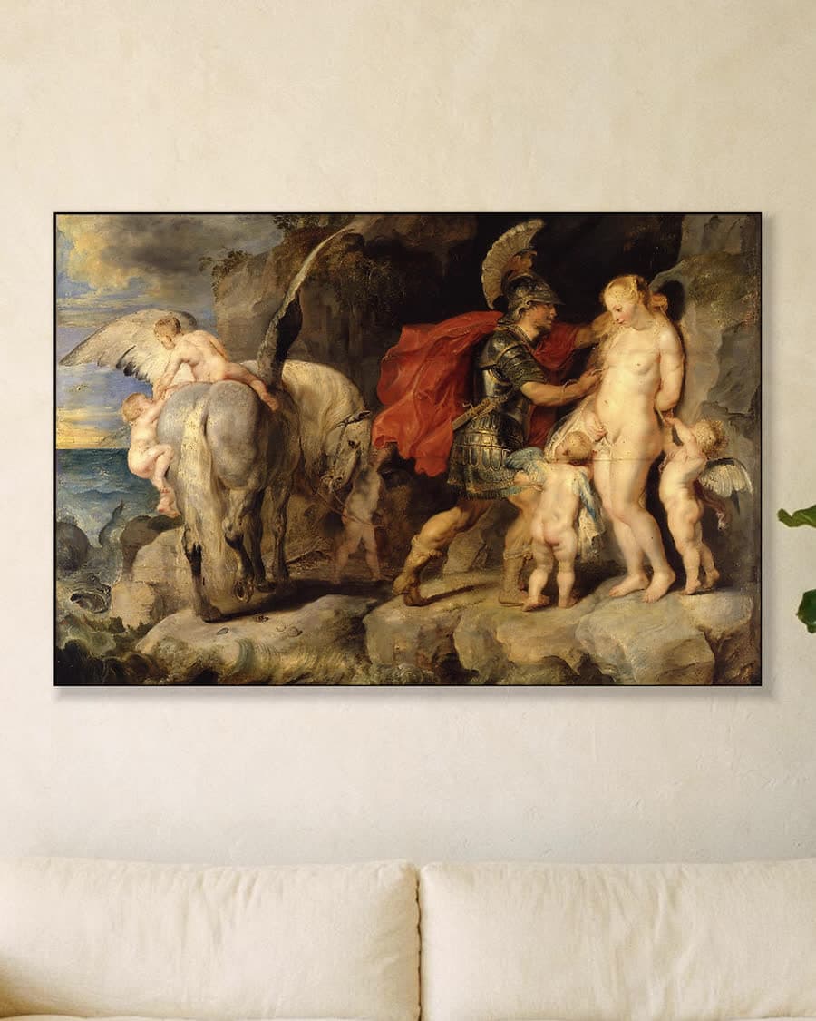 Perseus bevrijdt Andromeda in een aluminium frame aan dezelfde muur