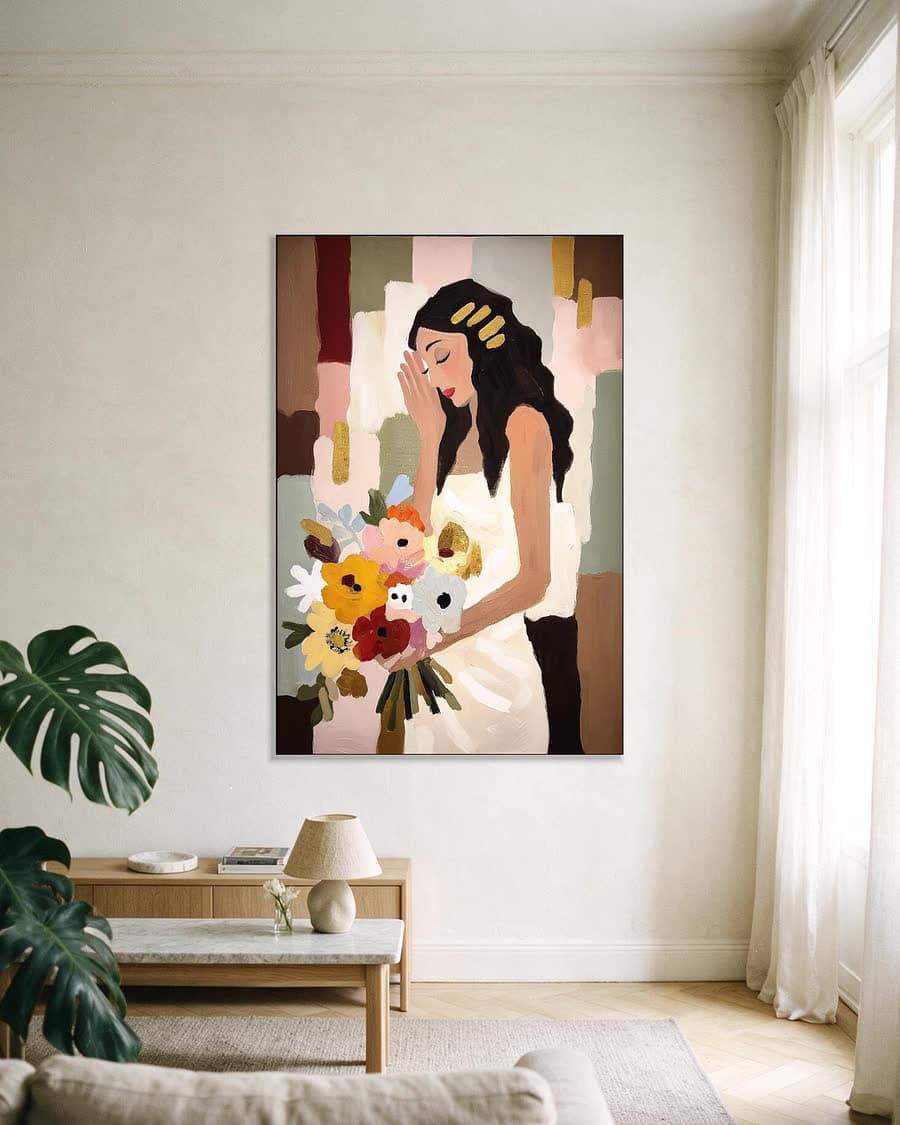 Bruid met veldboeket in een aluminium frame aan dezelfde muur