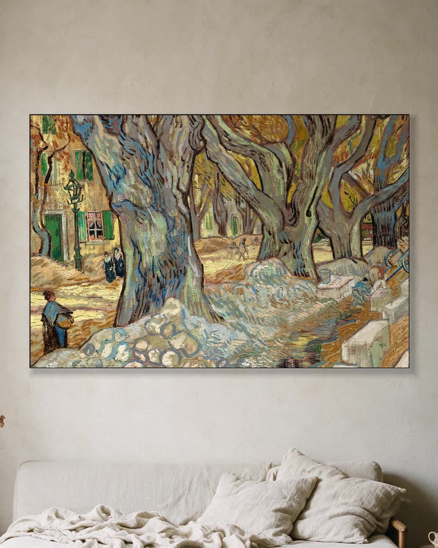 De grote platanen (wegwerkers in Saint-Rémy) in een aluminium frame aan dezelfde muur