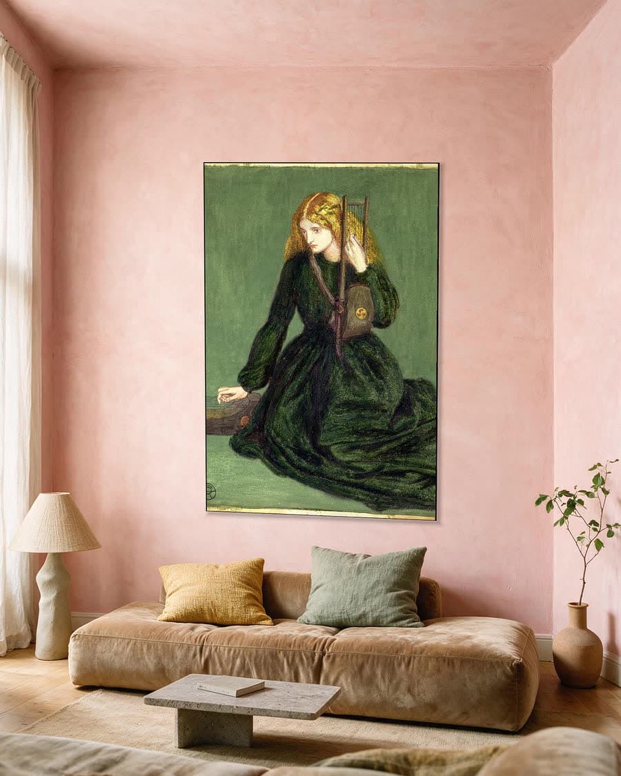 De harpspeelster in een aluminium frame aan dezelfde muur