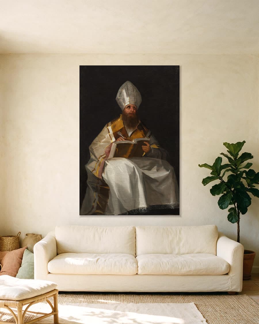 De heilige Ambrosius in een aluminium frame aan dezelfde muur