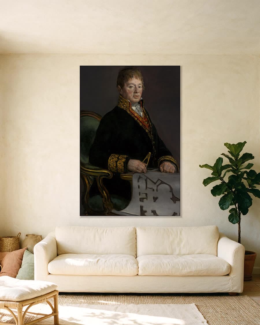Portret van Don Juan Antonio Cuervo in een aluminium frame aan dezelfde muur