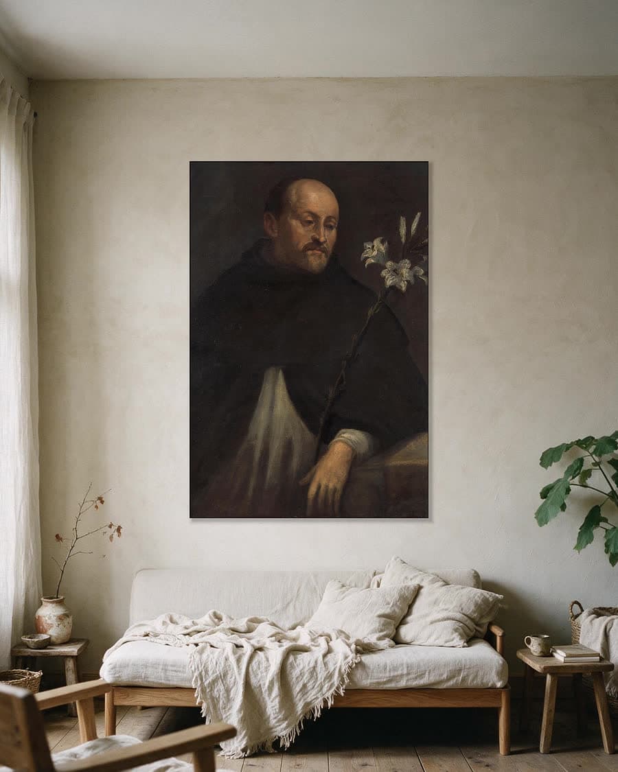 De heilige Dominicus in een aluminium frame aan dezelfde muur