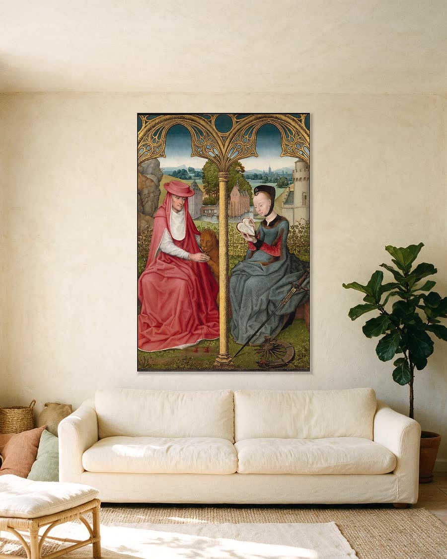 De heilige Hieronymus en de heilige Catharina in een aluminium frame aan dezelfde muur