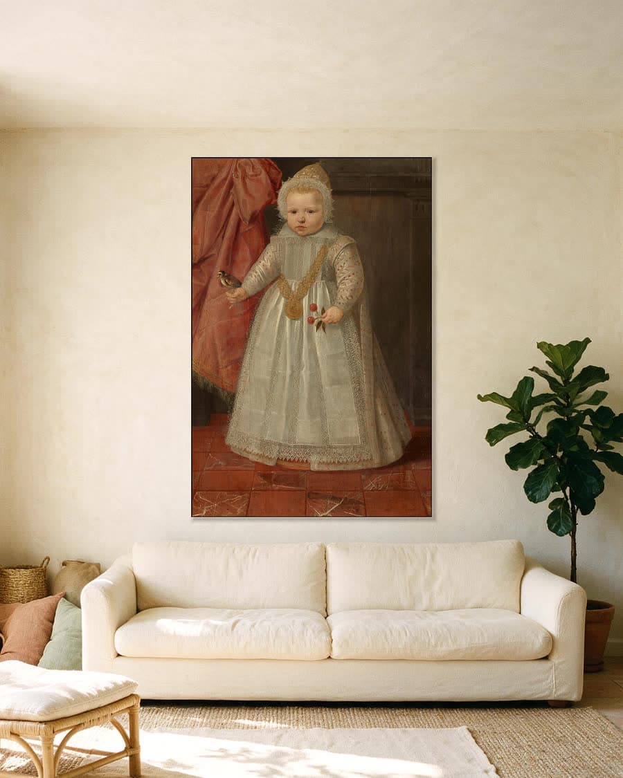 Portret van een jongetje, misschien Lodewijk van Nassau in een aluminium frame aan dezelfde muur