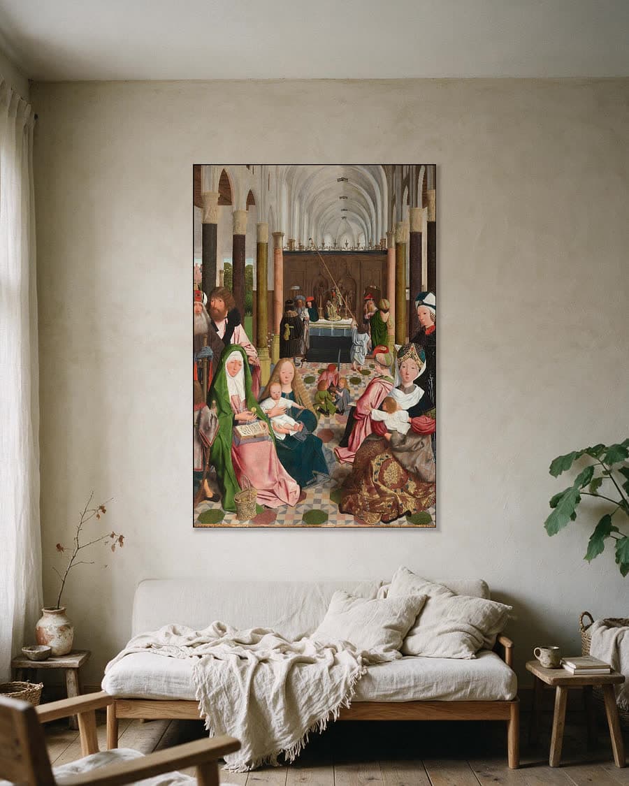 De heilige maagschap in een aluminium frame aan dezelfde muur