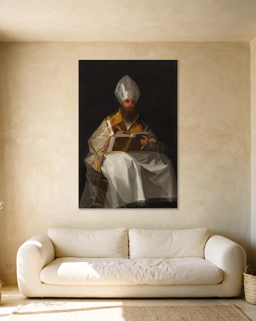 De heilige Ambrosius in een aluminium frame aan dezelfde muur