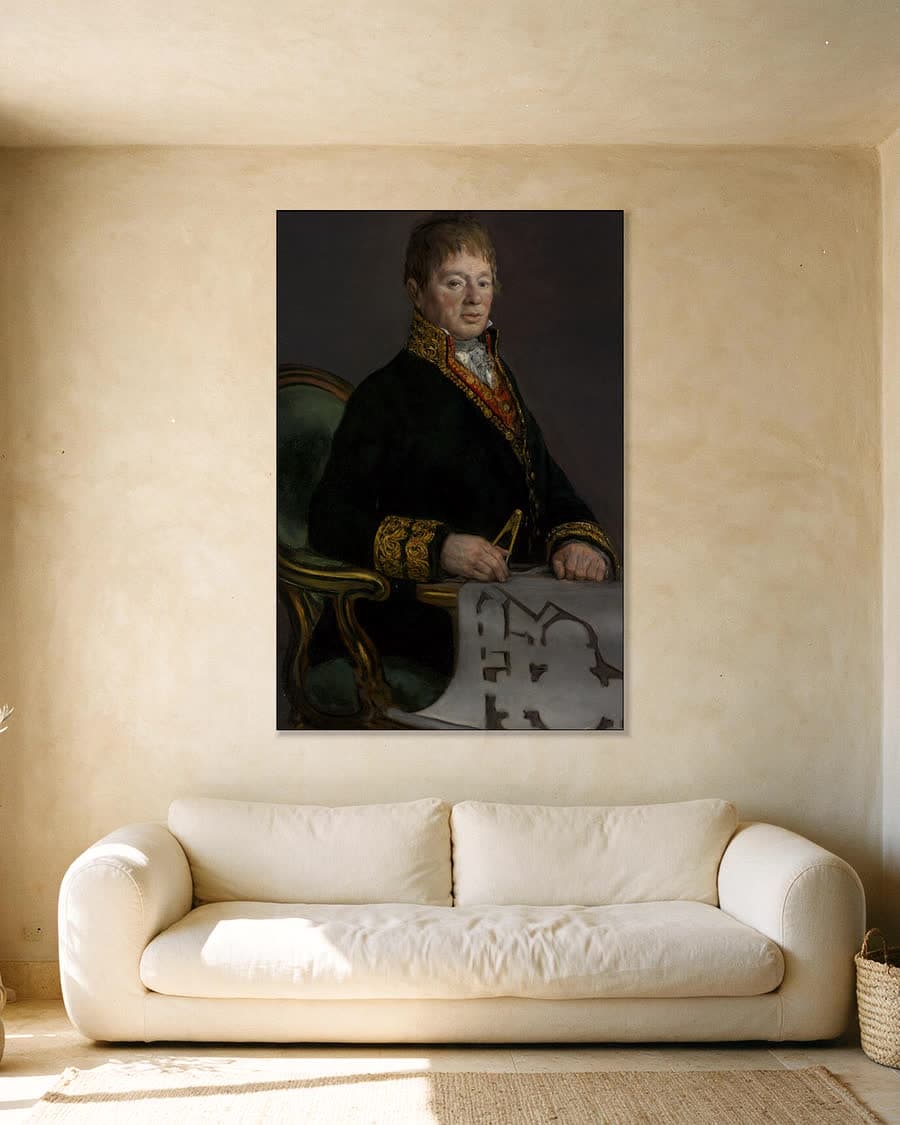 Portret van Don Juan Antonio Cuervo in een aluminium frame aan dezelfde muur