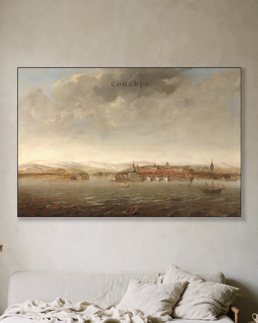 Gezicht op Cochin aan de kust van Malabar in India in een aluminium frame aan dezelfde muur