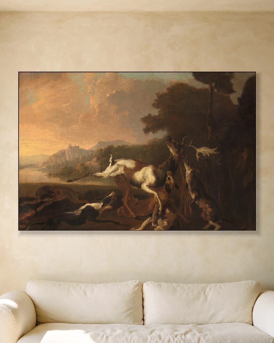 De hertenjacht in een aluminium frame aan dezelfde muur