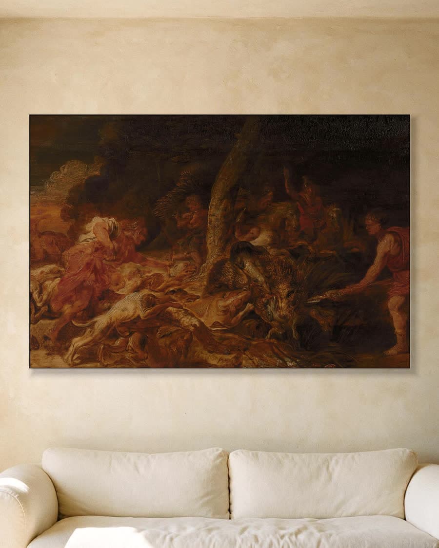 De Calydonische everzwijnjacht in een aluminium frame aan dezelfde muur