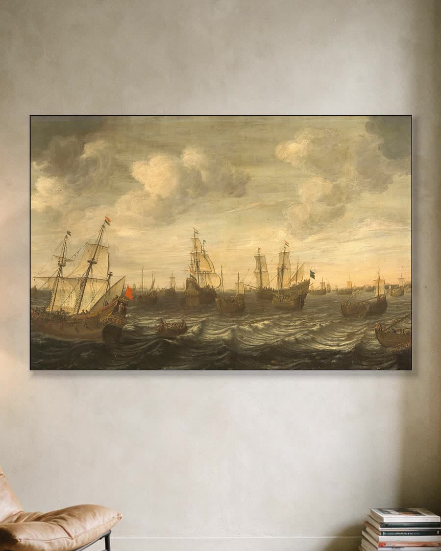 De Hollandse haringvloot op de visgronden in een aluminium frame aan dezelfde muur
