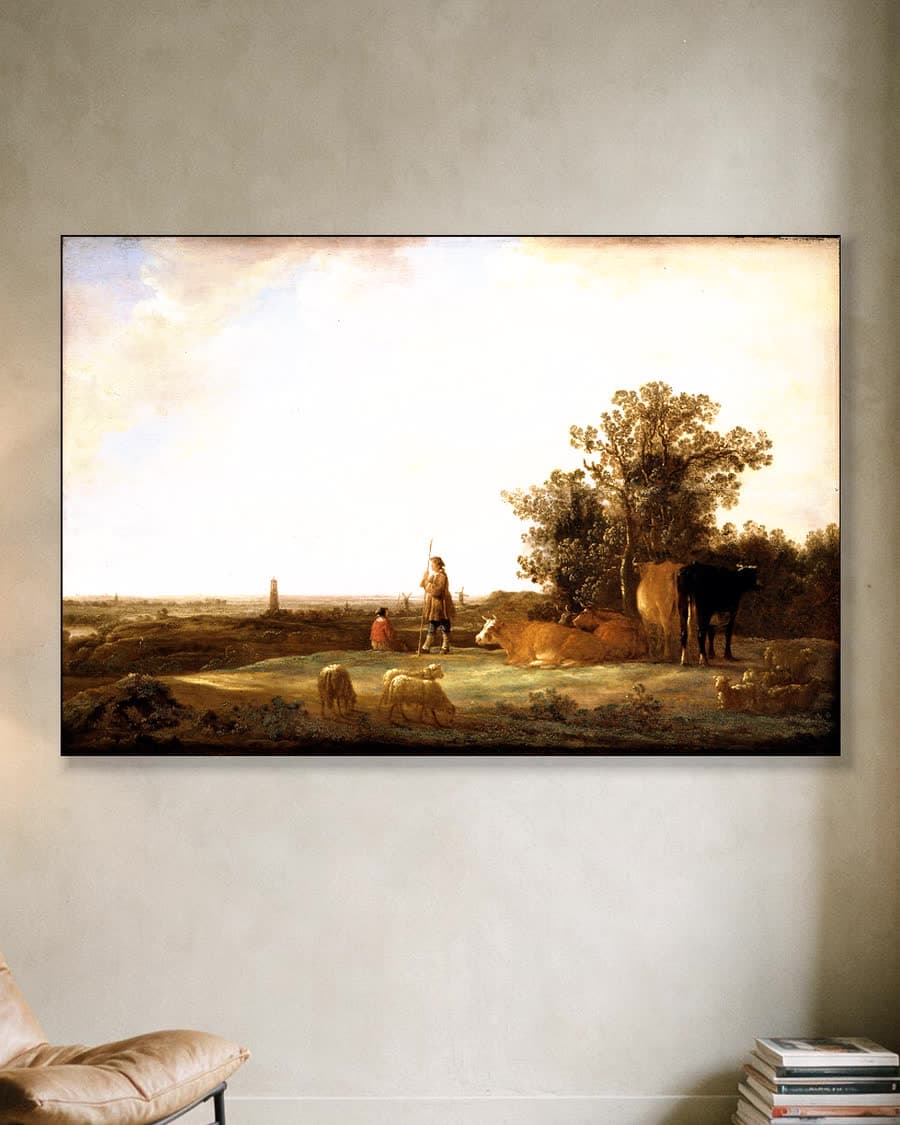 Uitzicht over de vlakte met herder en vee in een aluminium frame aan dezelfde muur