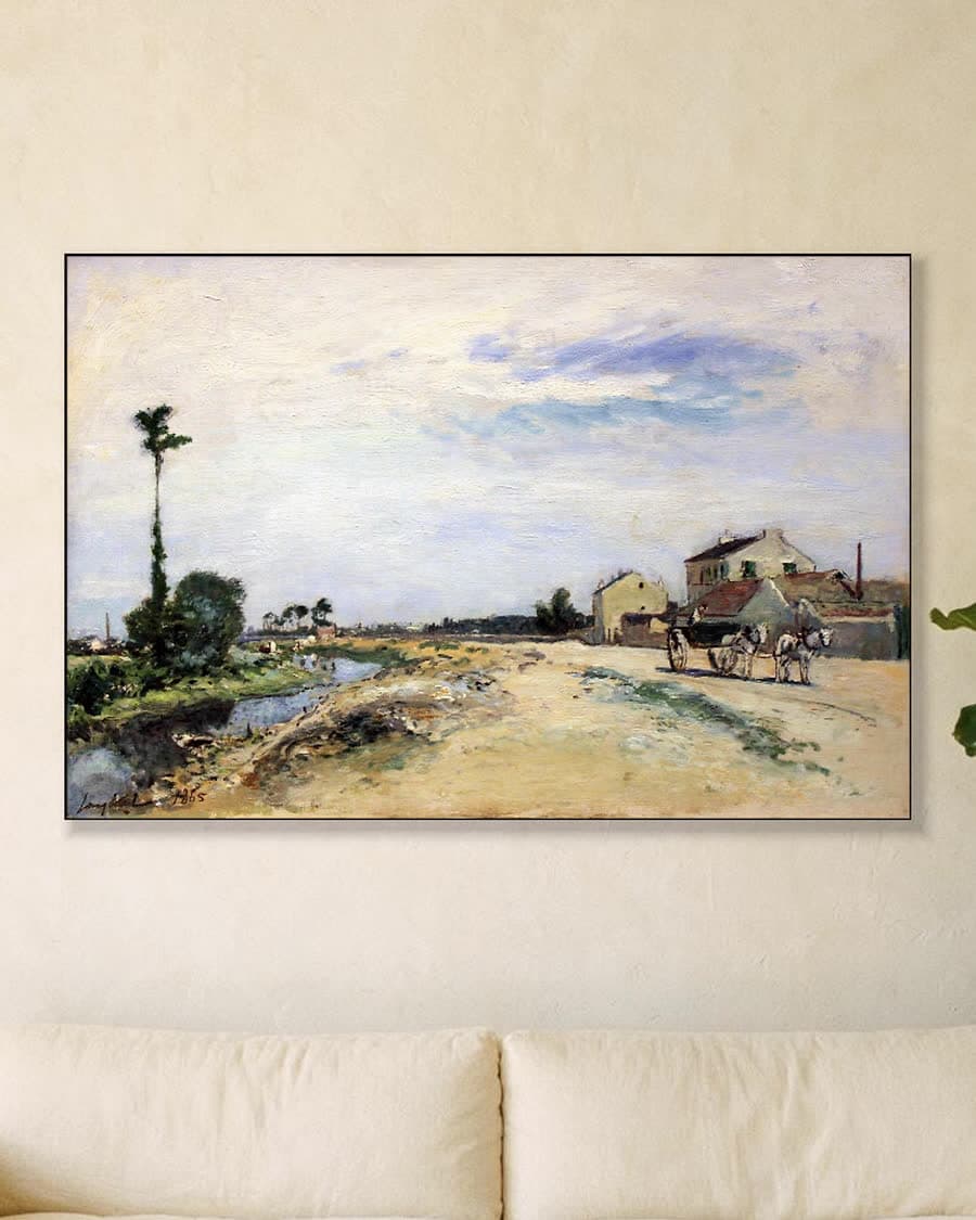 Landelijke weg met paard en wagen in een aluminium frame aan dezelfde muur
