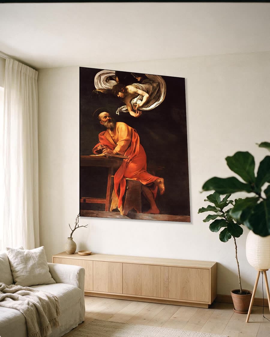 De inspiratie van Matteüs in een aluminium frame aan dezelfde muur