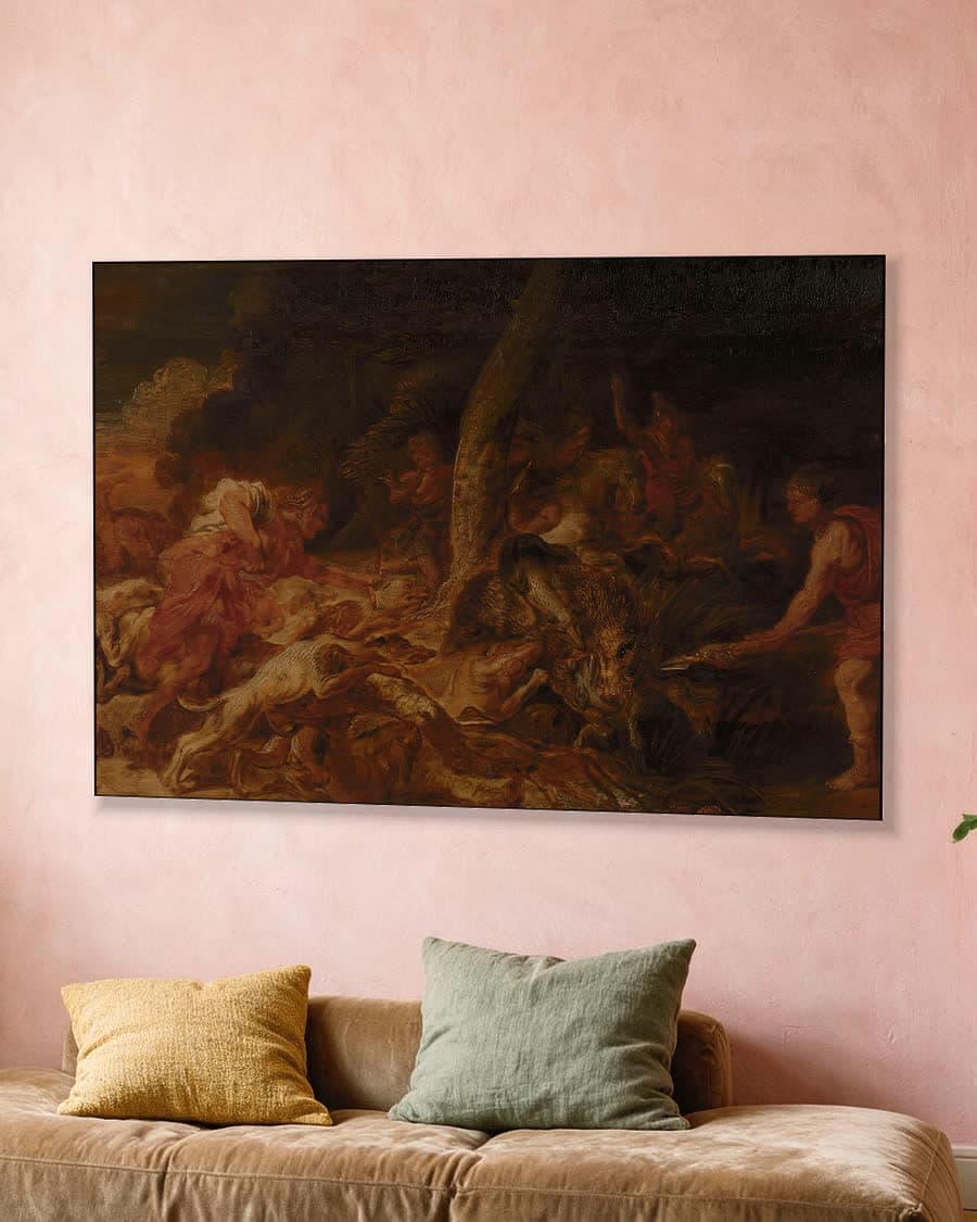 De Calydonische everzwijnjacht in een aluminium frame aan dezelfde muur