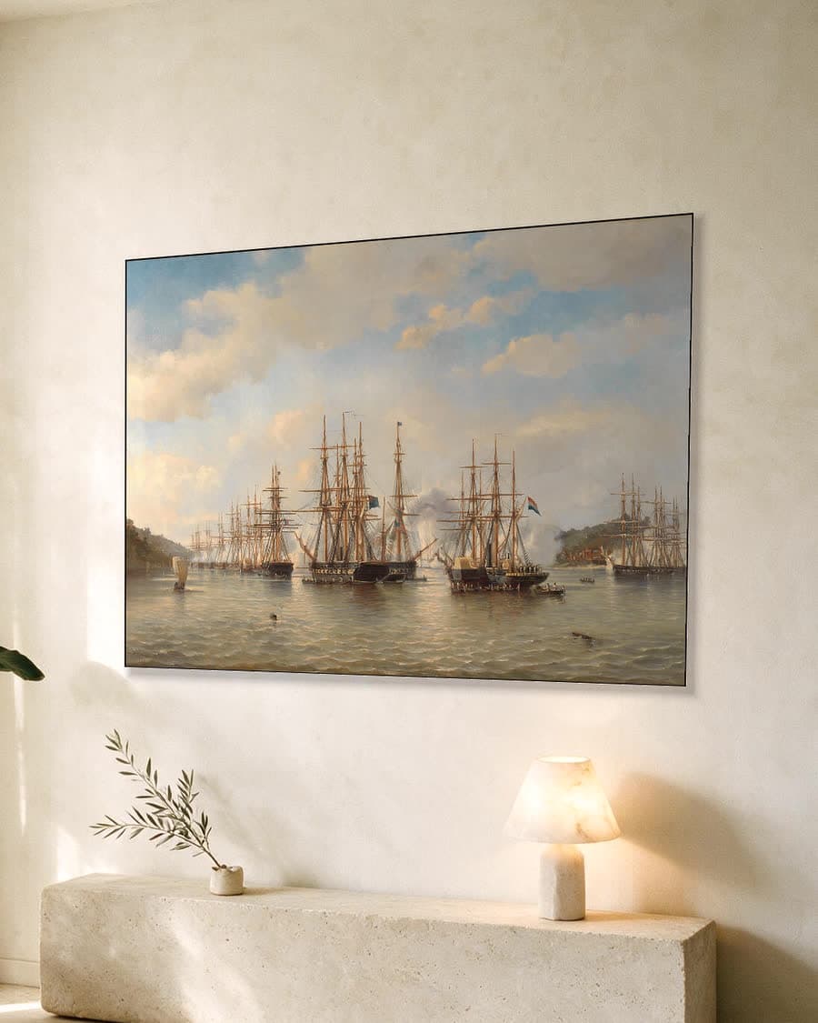 De Nederlandse, Engelse, Franse en Amerikaanse eskaders in de Japanse wateren tijdens de expeditie onder leiding van de Franse commandant Constant Jaurès, september 1864 in een aluminium frame aan dezelfde muur