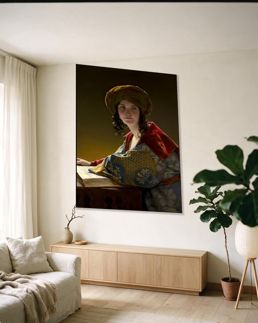 De jonge oosterse vrouw in een aluminium frame aan dezelfde muur