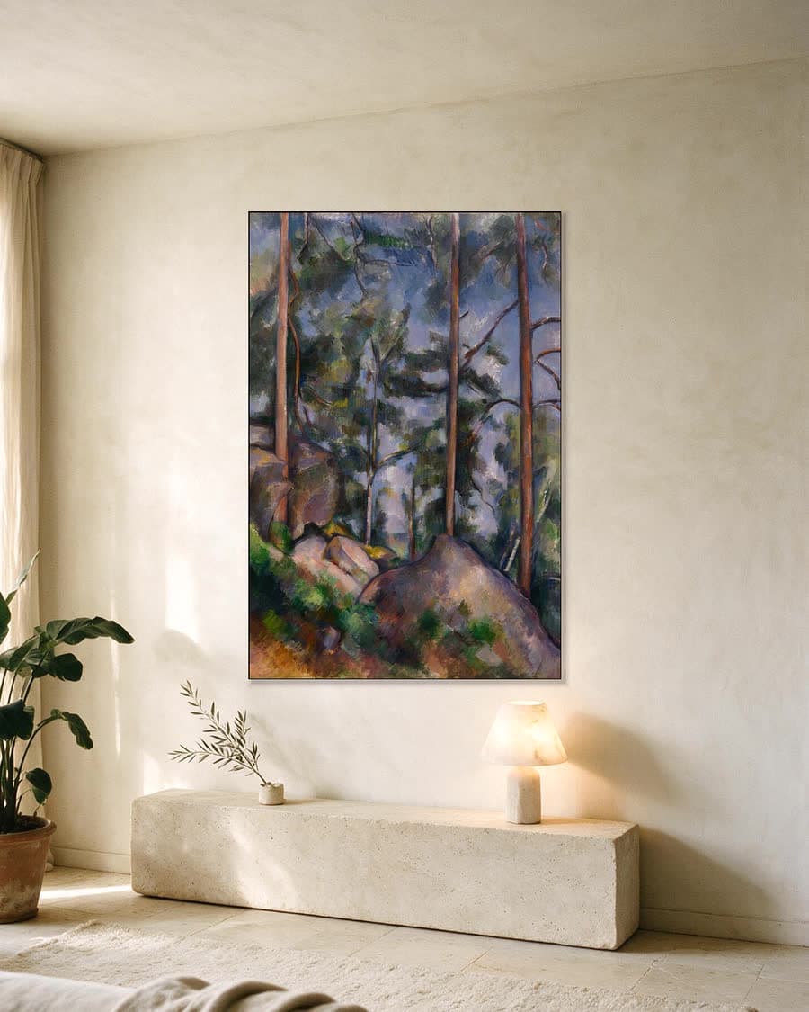 Dennen en rotsen bij Fontainebleau in een aluminium frame aan dezelfde muur