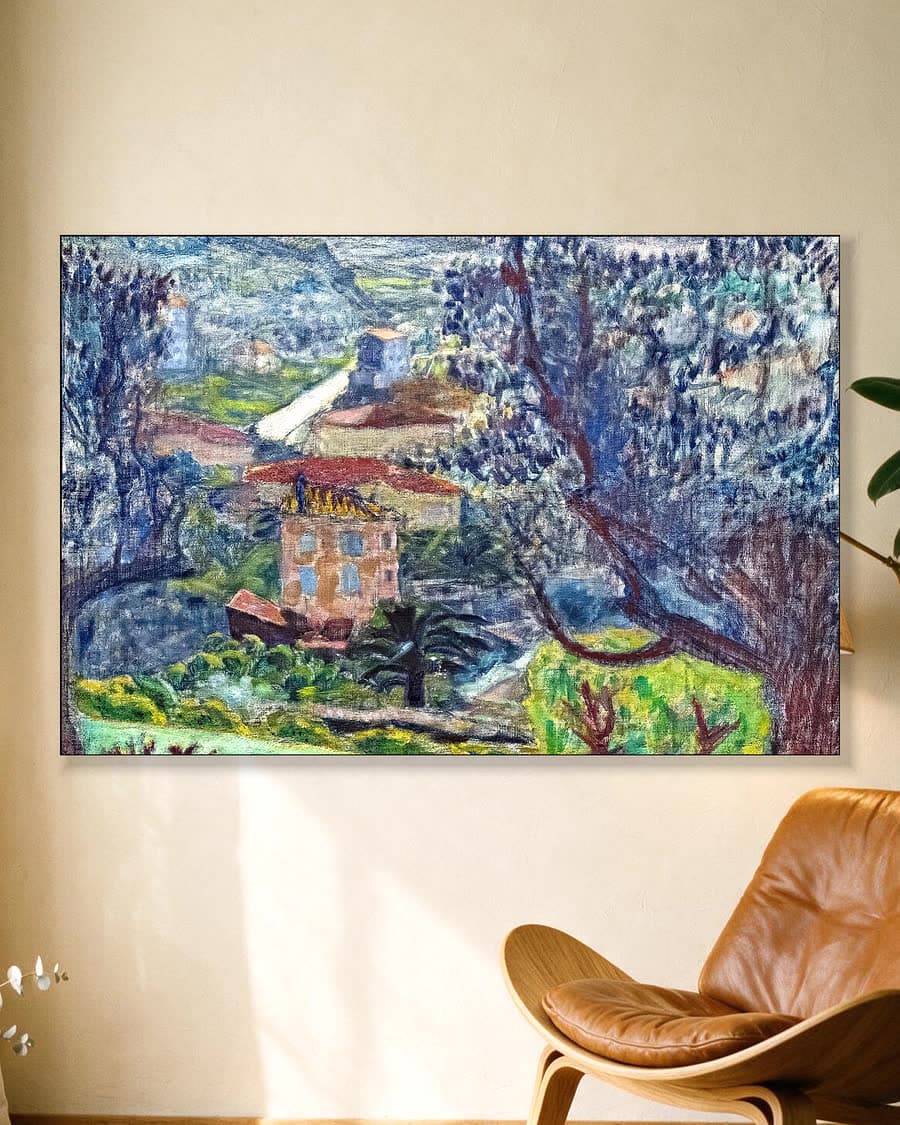 Dorpsgezicht in de vallei in een aluminium frame aan dezelfde muur