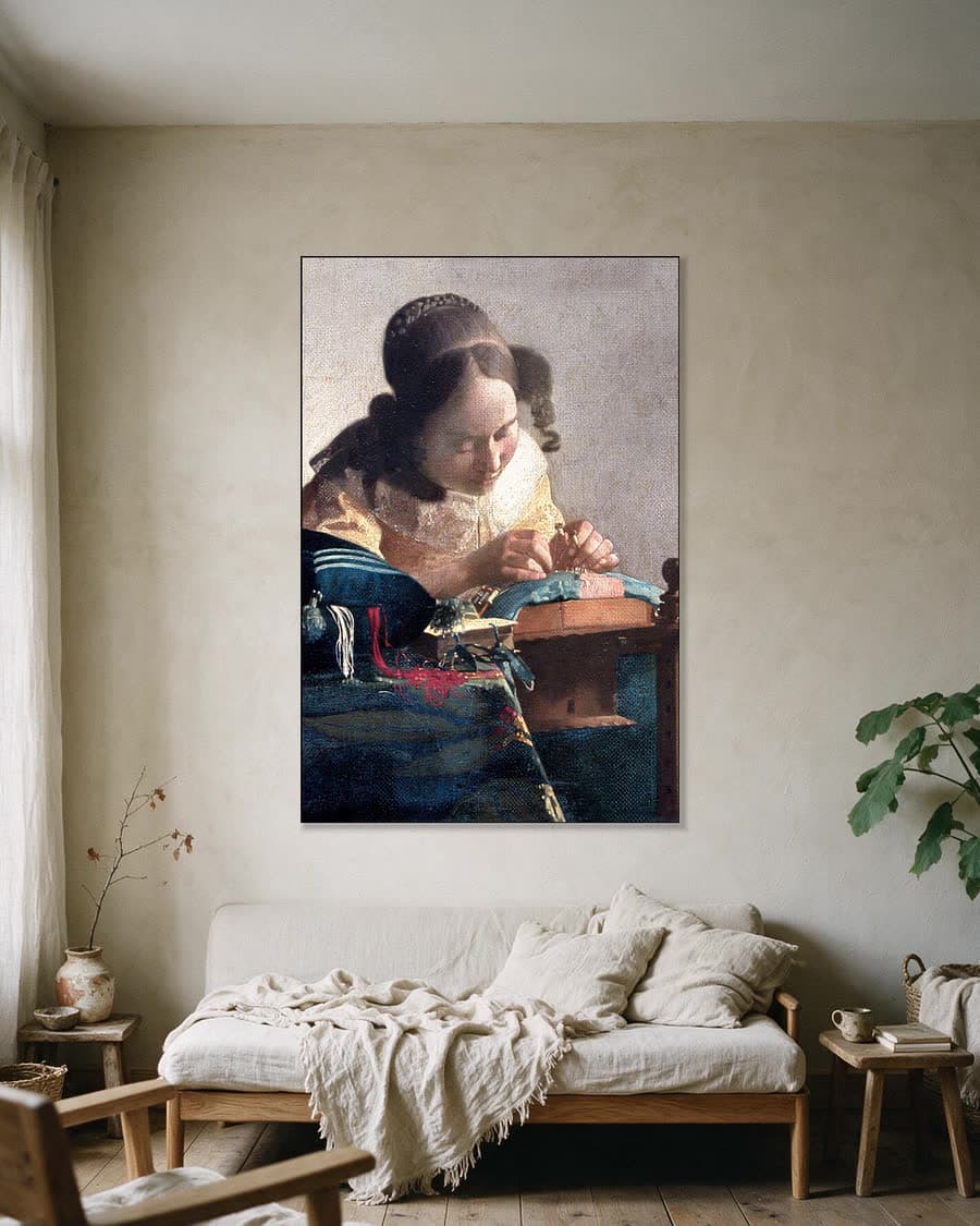 De Kantwerkster in een aluminium frame aan dezelfde muur