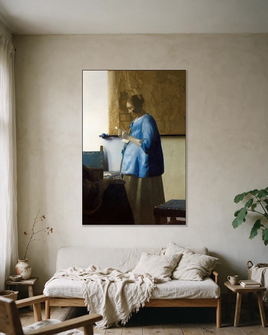 Brieflezende Vrouw in het Blauw in een aluminium frame aan dezelfde muur