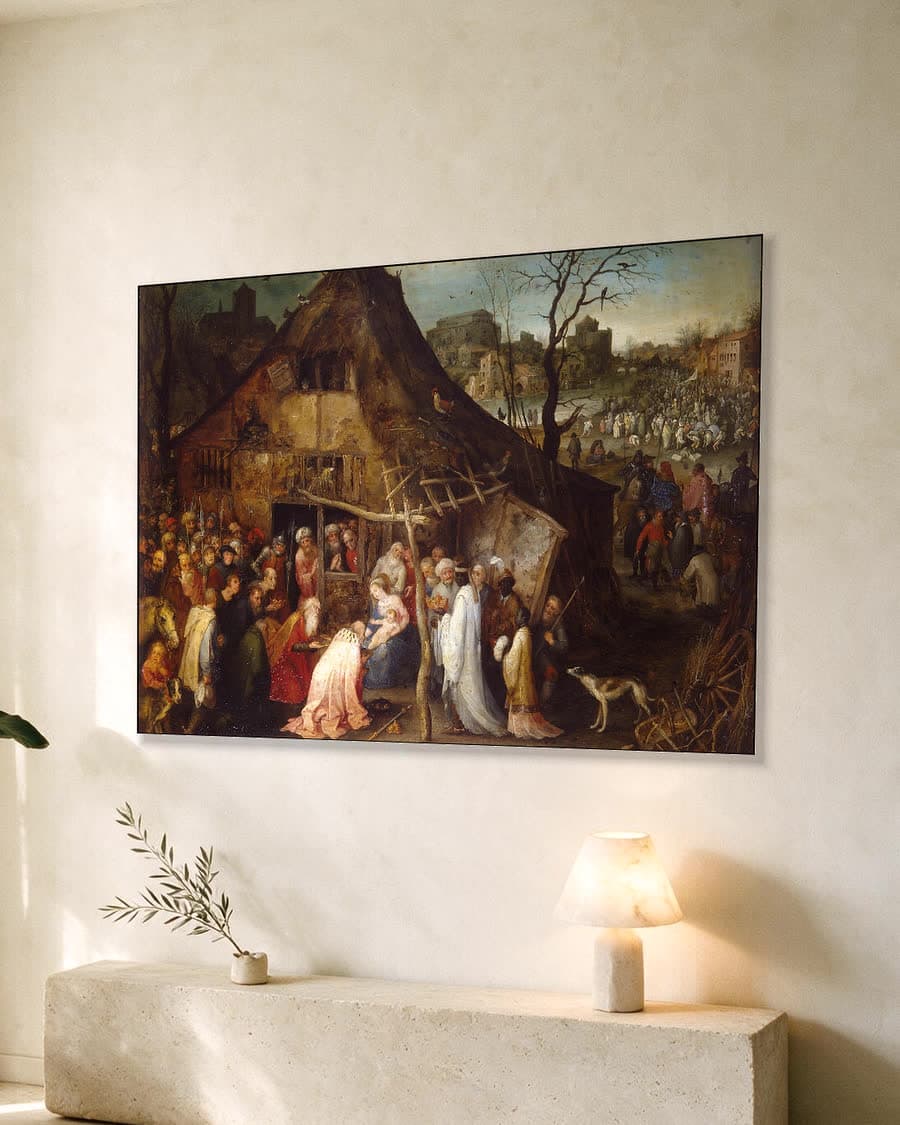 Aanbidding door de koningen in een aluminium frame aan dezelfde muur