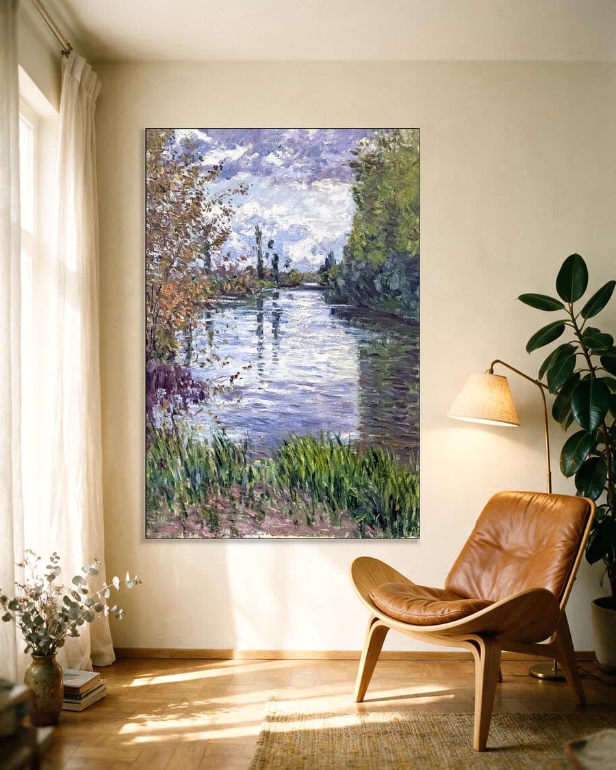 De kleine arm van de Seine in de herfst in een aluminium frame aan dezelfde muur