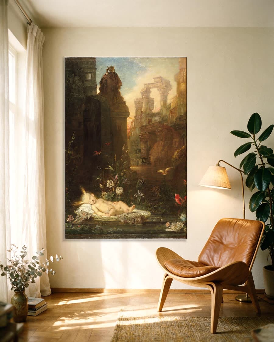 De kleine Mozes in een aluminium frame aan dezelfde muur