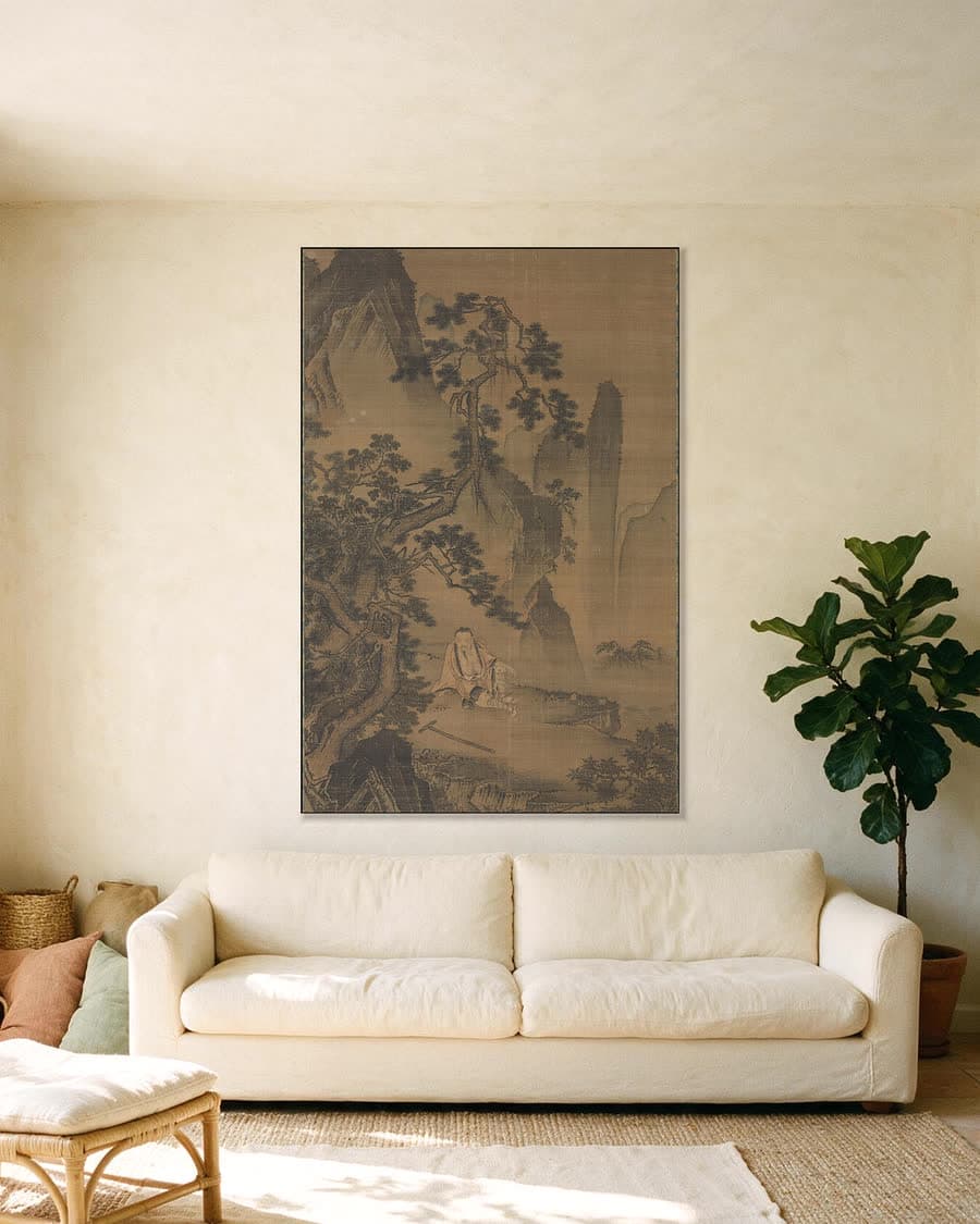 De kluizenaar Xu You rustend bij een beek in een aluminium frame aan dezelfde muur