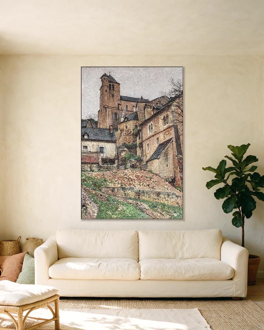 Dorp op de heuvel in een aluminium frame aan dezelfde muur