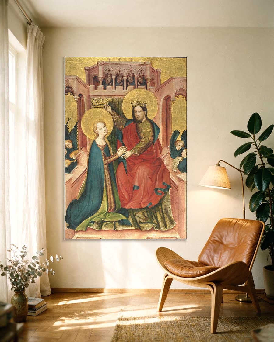 De kroning van Maria in een aluminium frame aan dezelfde muur