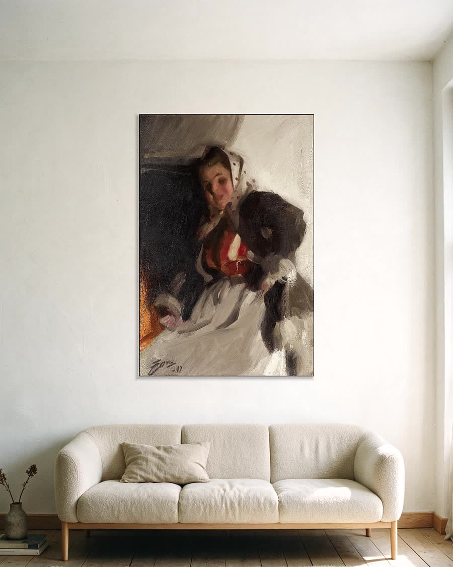 Bij de open haard in een aluminium frame aan dezelfde muur