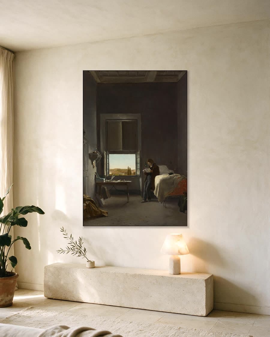 De kunstenaar op zijn kamer in de Villa Medici, Rome in een aluminium frame aan dezelfde muur