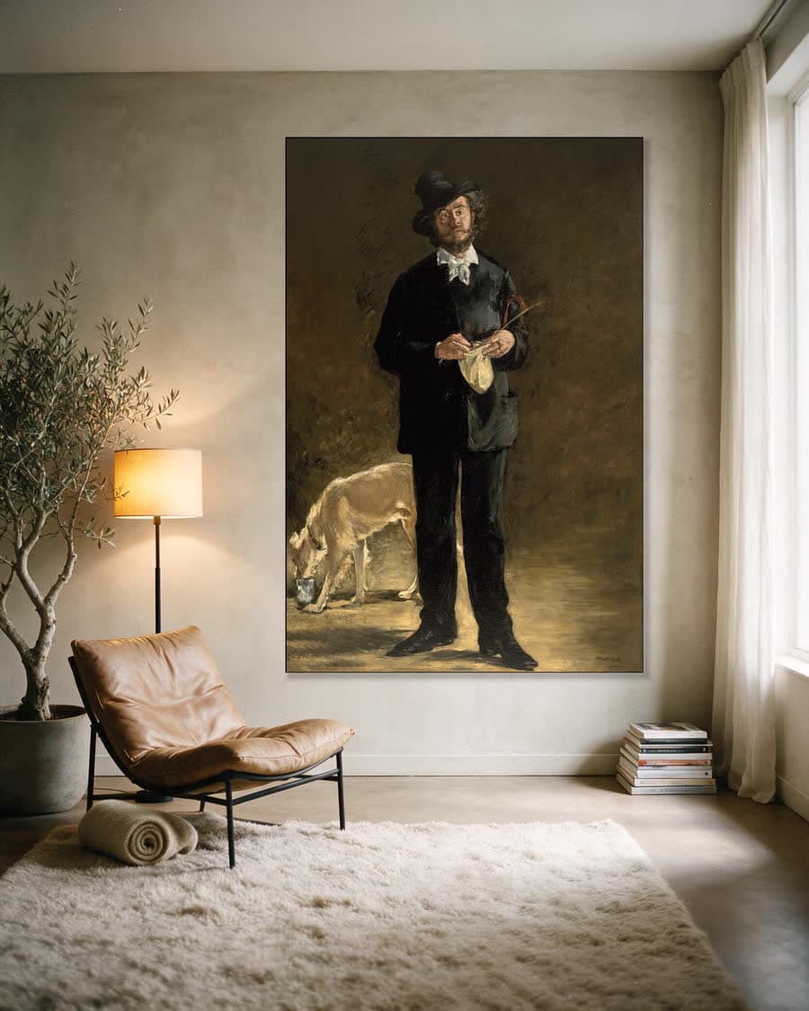De kunstenaar (portret van Marcellin Desboutin) in een aluminium frame aan dezelfde muur