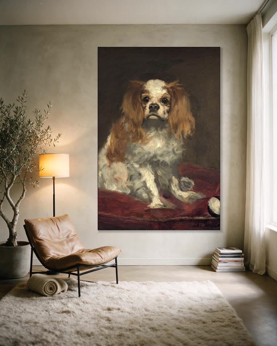 King Charles-spaniël in een aluminium frame aan dezelfde muur