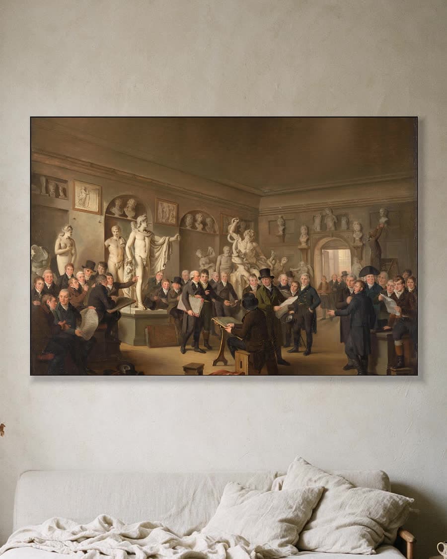 De beeldengalerij van de maatschappij Felix Meritis in een aluminium frame aan dezelfde muur