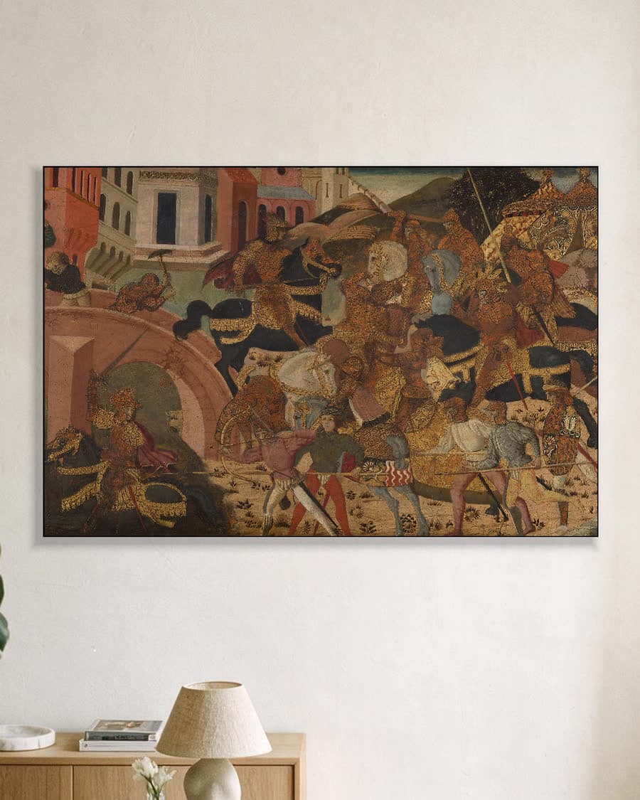 Horatius Cocles verdedigt de Pons Sublicius in een aluminium frame aan dezelfde muur