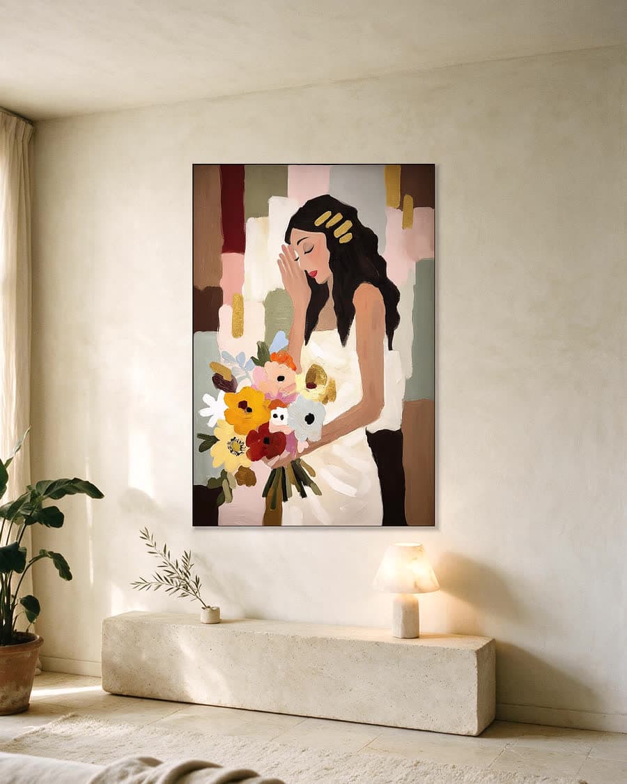 Bruid met veldboeket in een aluminium frame aan dezelfde muur