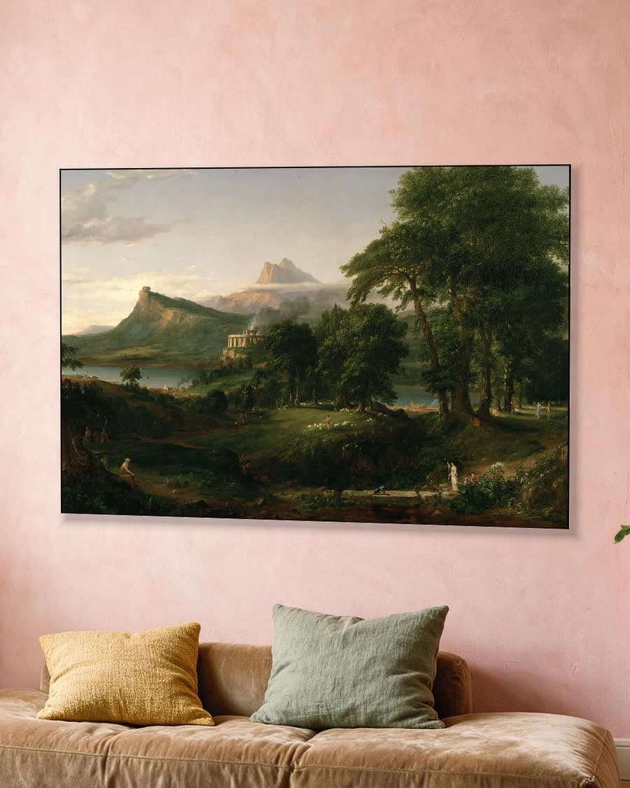 Idyllisch Landschap met Klassieke Tempel in een aluminium frame aan dezelfde muur
