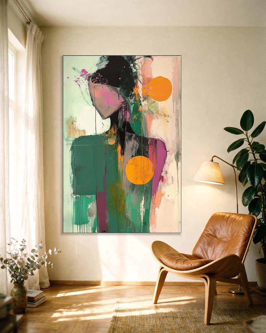 Figuur in groen in een aluminium frame aan dezelfde muur