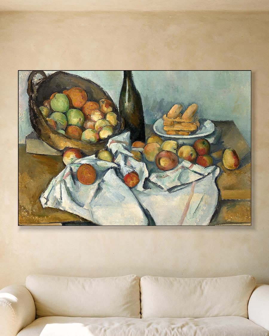 De mand met appels in een aluminium frame aan dezelfde muur