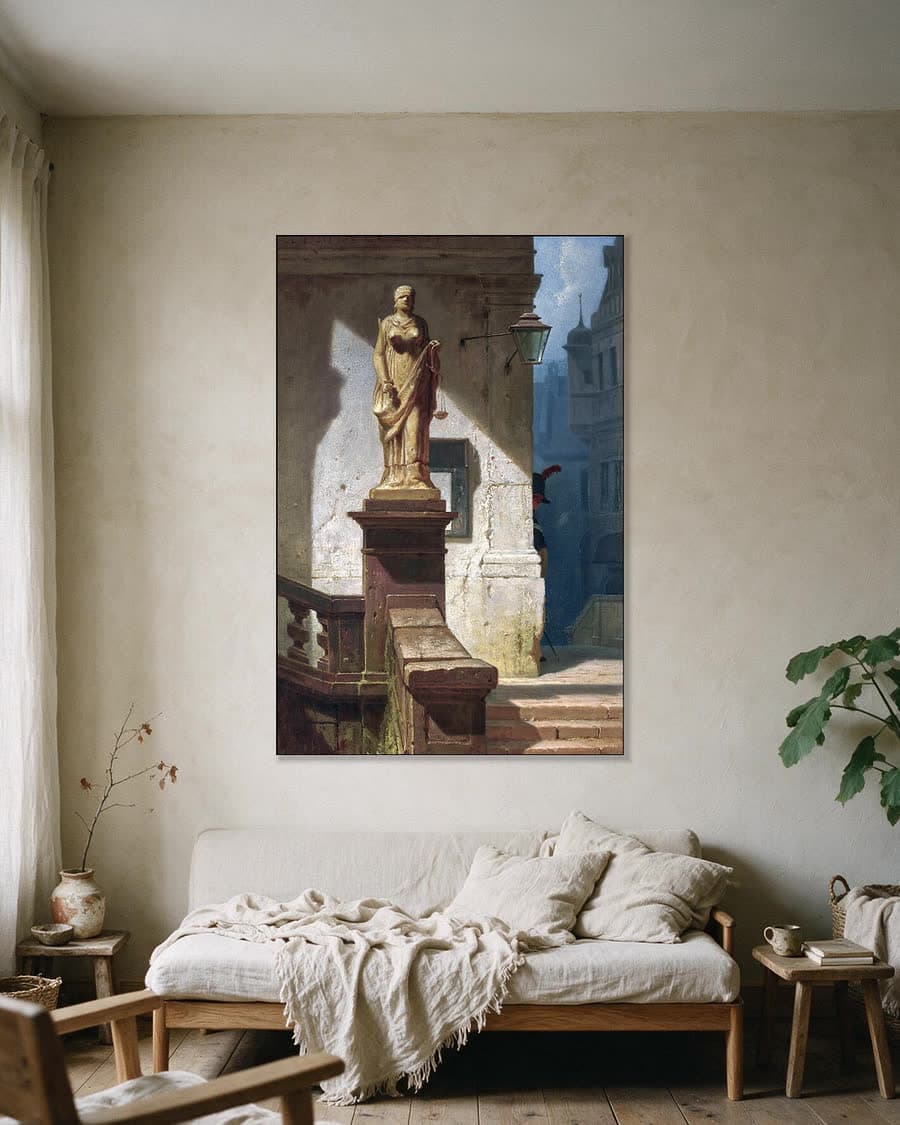 Vrouwe Justitia in de stad in een aluminium frame aan dezelfde muur