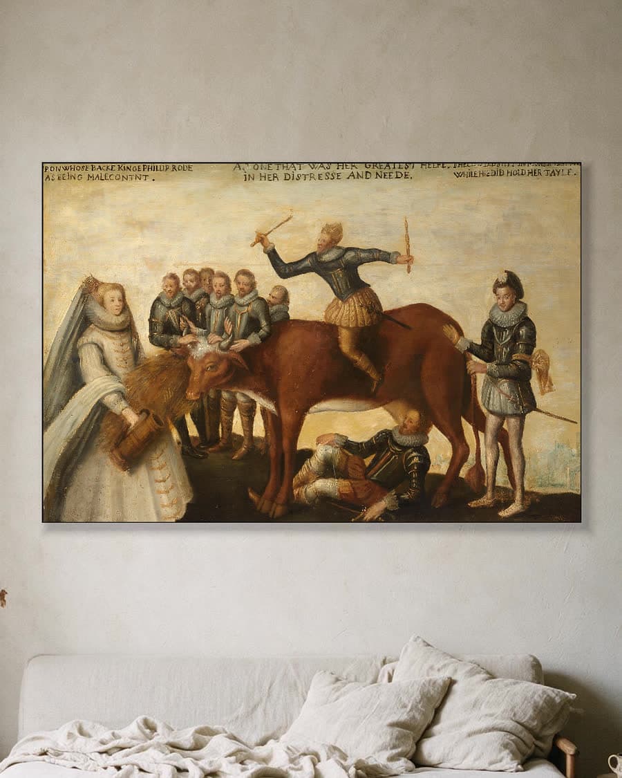 De melkkoe, de Nederlandse gewesten in opstand tegen de Spanjaarden in een aluminium frame aan dezelfde muur