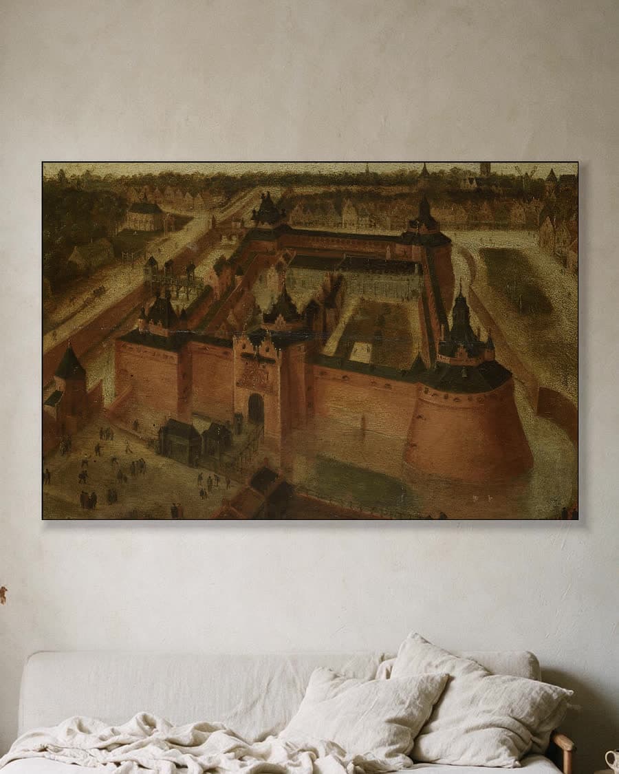 Het kasteel Vredenburg te Utrecht in vogelvlucht in een aluminium frame aan dezelfde muur