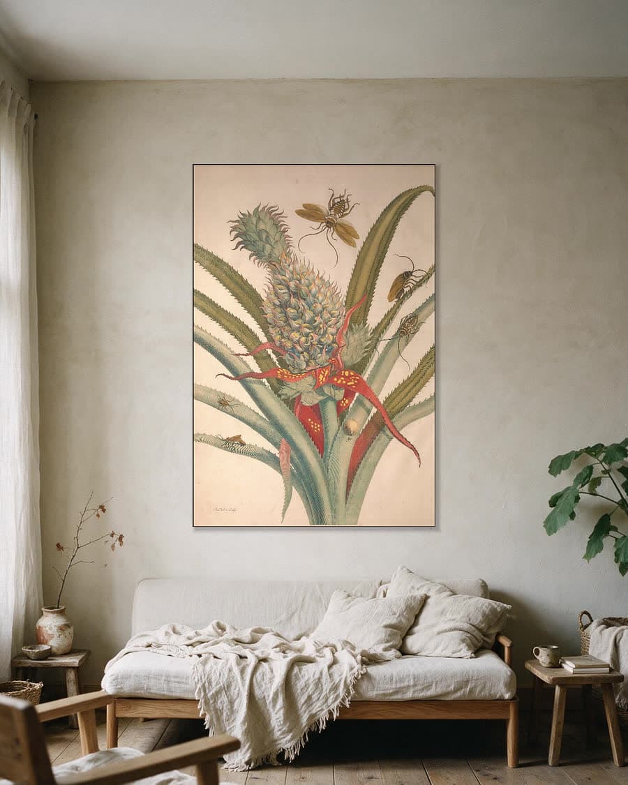 Ananas met kakkerlakken (Metamorphosis, plaat 1/2) in een aluminium frame aan dezelfde muur