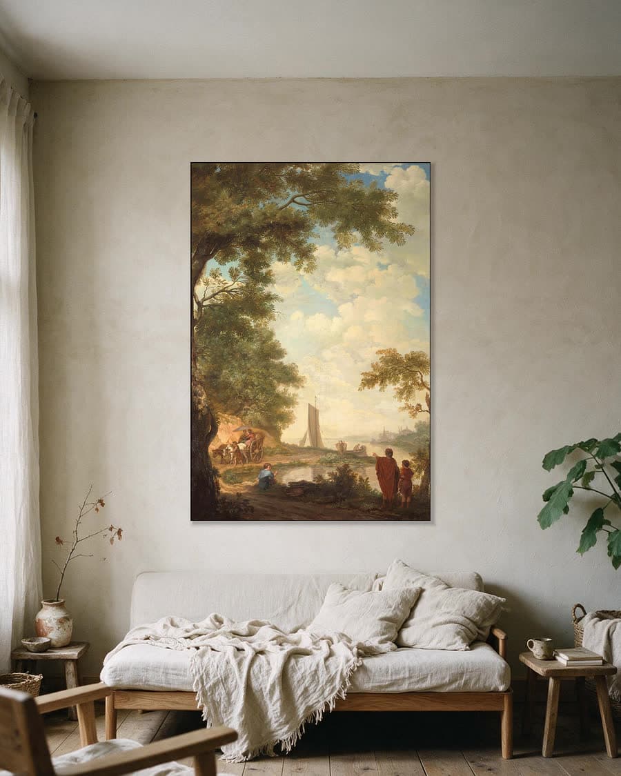 Arcadisch landschap met figuren bij een rivieroever in een aluminium frame aan dezelfde muur