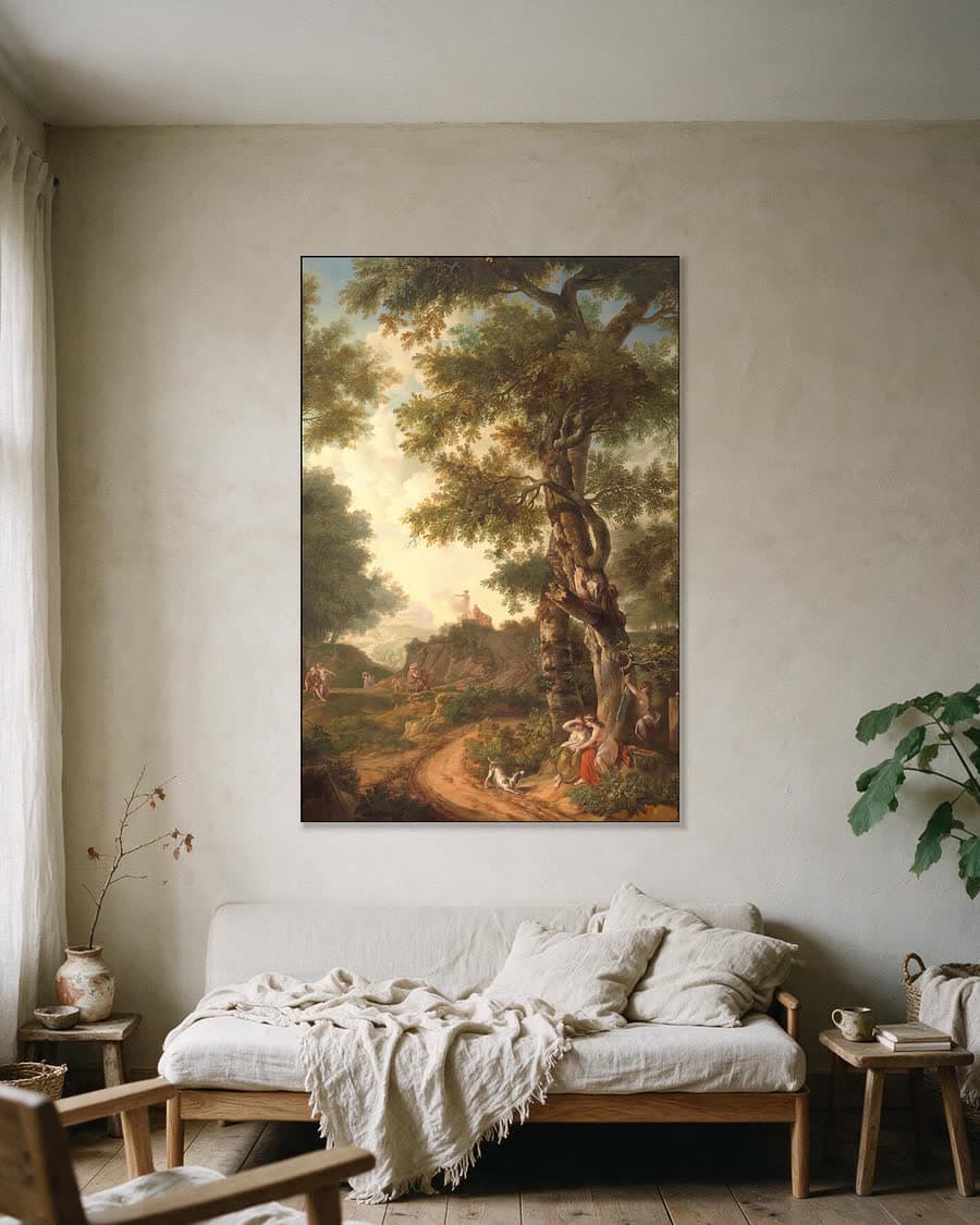 Arcadisch landschap met reizigers in een aluminium frame aan dezelfde muur