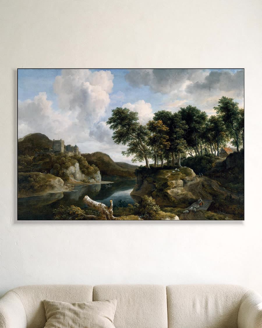 Rivierlandschap met kasteel op een hoge rots in een aluminium frame aan dezelfde muur